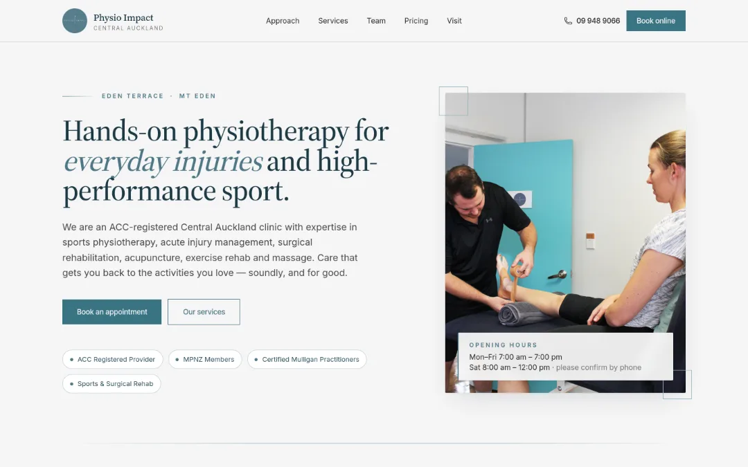 The rebuilt Physio Impact homepage: clear positioning, booking call to action and opening hours above the fold